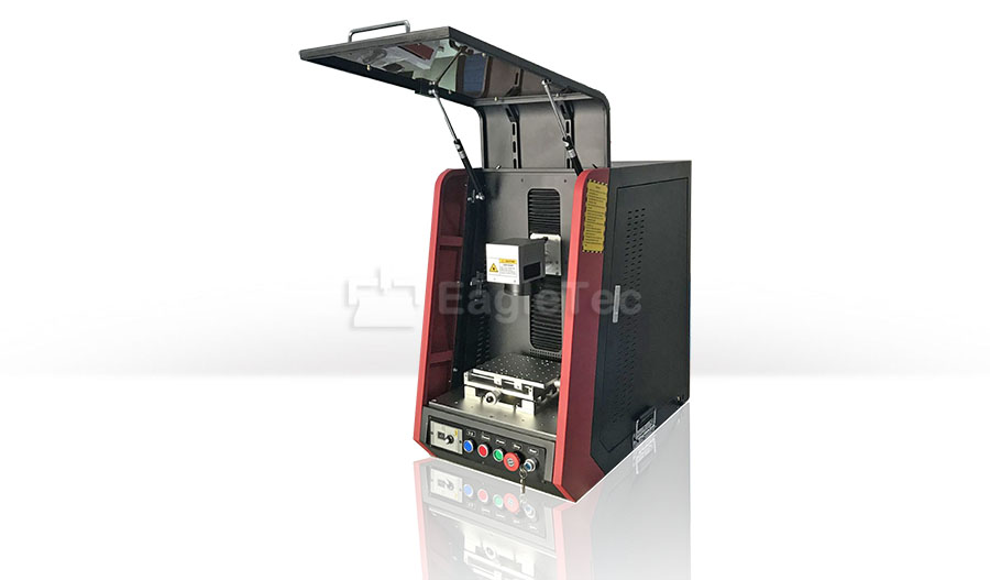 mini type fiber laser marking machine with door open 