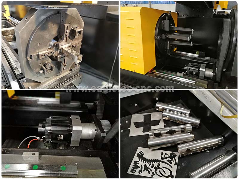 fiber laser cutter rotary headstock and tailstock close-up shot