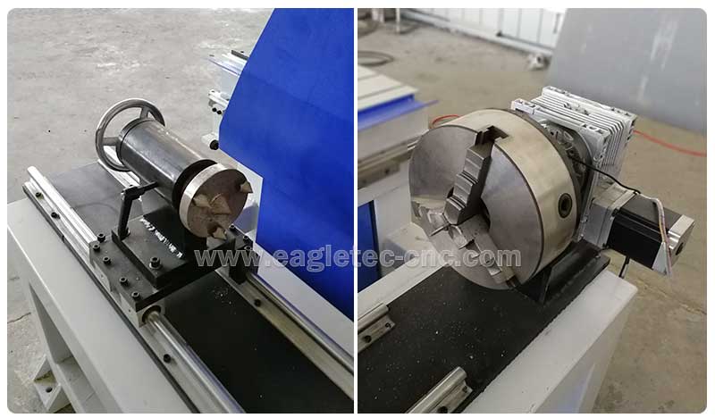 three-jaw chuck headstock and thimble-type tail stock of rotary on 4x8 4 axis cnc routers for woodworking