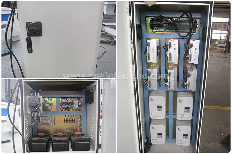 6 sets stepping systems and 4 inverters in the control cabinet of 4 axis cnc router woodworking machine