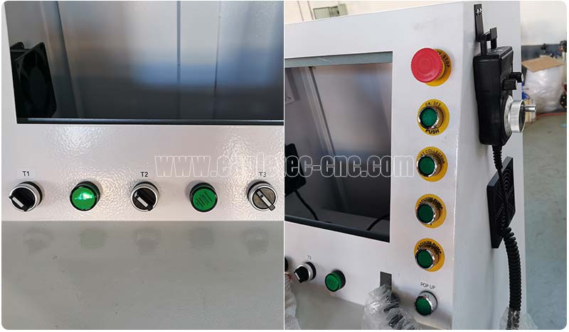 operation buttons and switches with their labels in English on the multi head router’s control panel