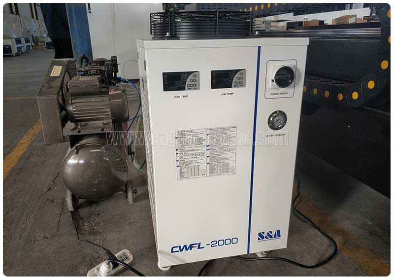 an S&A CWFL-2000 chiller on the side of laser metal tube cutter machine