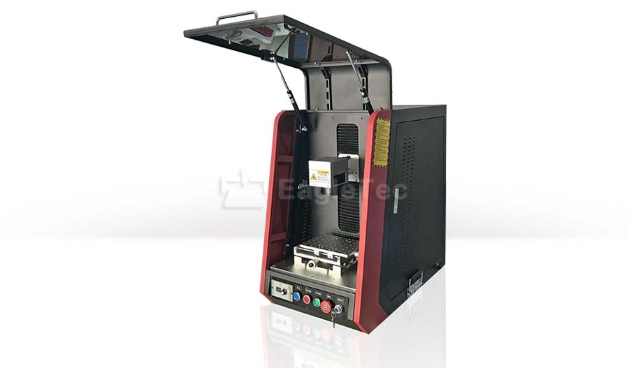 red mini fiber laser marking machine with protection door open